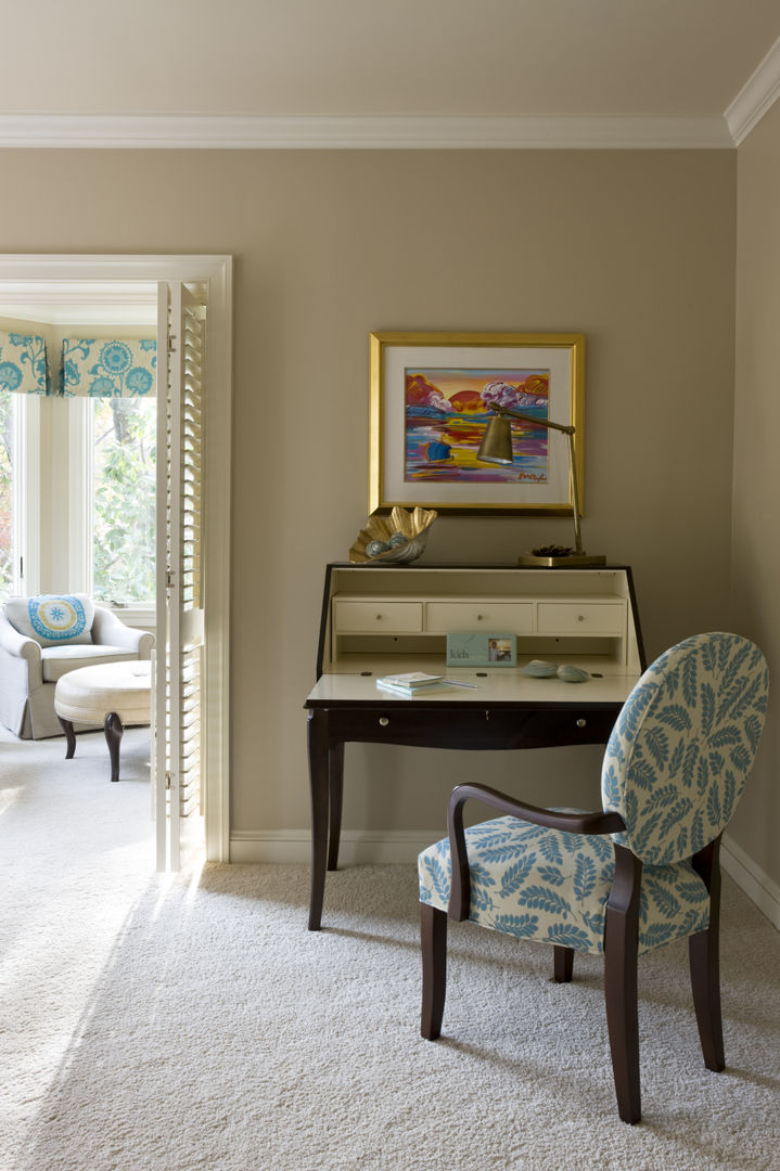 Caribbean Dream - Bedroom Writing Desk Lorna Gross Interior Design Classic style bedroom teal,small desk,writing desk,caribbean,shells,custom,high end,leaf fabric,blue,gold accents,gold lamp,chic