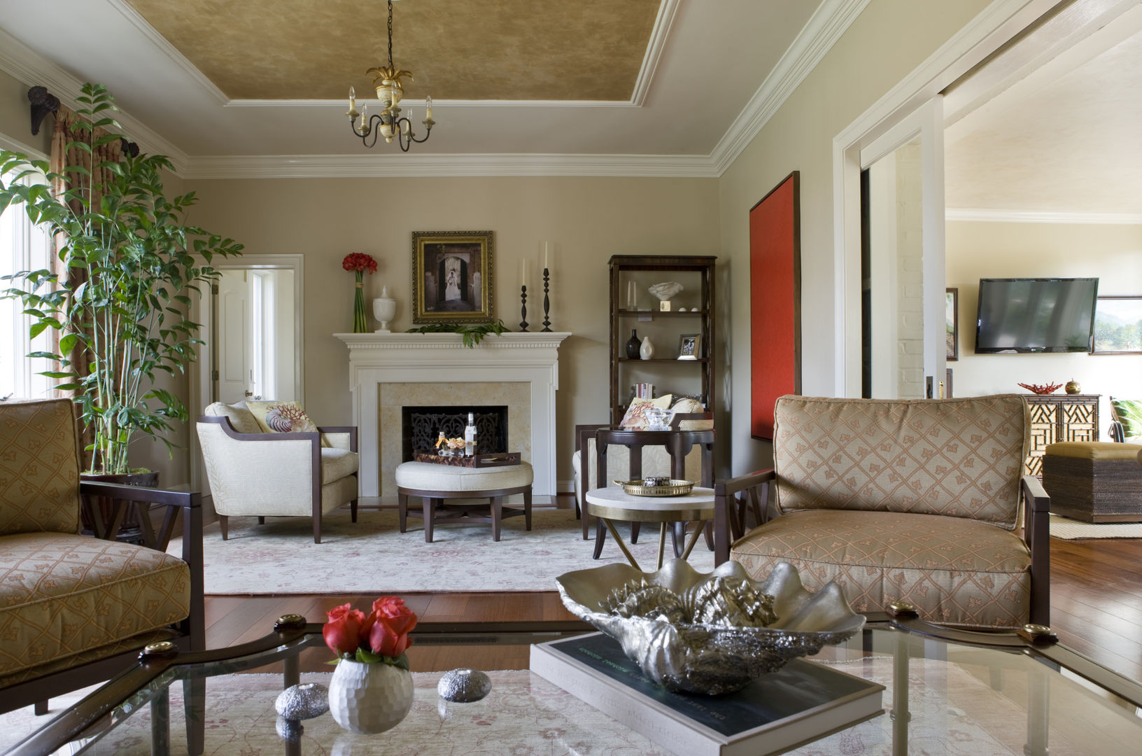 Caribbean Dream - Living Room Lorna Gross Interior Design Living room caribbean,tropical,red art,faux finish,chandelier,custom,coral,shell decor,chic,sophisticated,two rugs,large room