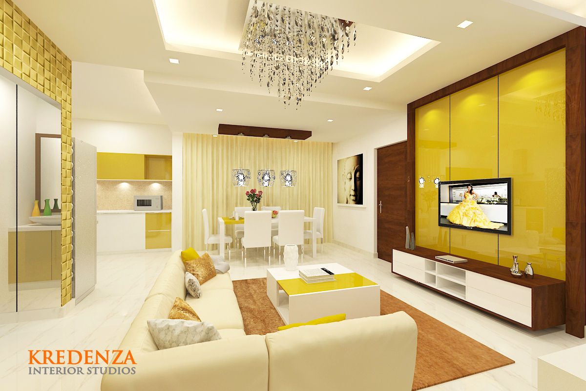 Jain Heights Apartment Interiors, Bangalore., Kredenza Interior Studios Kredenza Interior Studios Nowoczesny salon