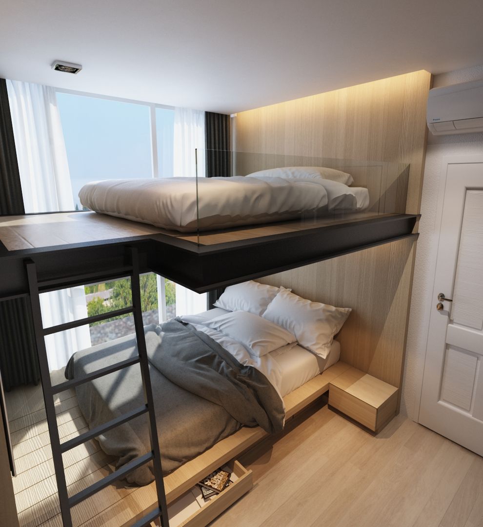 เตียงสองชั้น, ramรับออกแบบตกแต่งภายใน ramรับออกแบบตกแต่งภายใน Nowoczesna sypialnia Łóżka i zagłówki