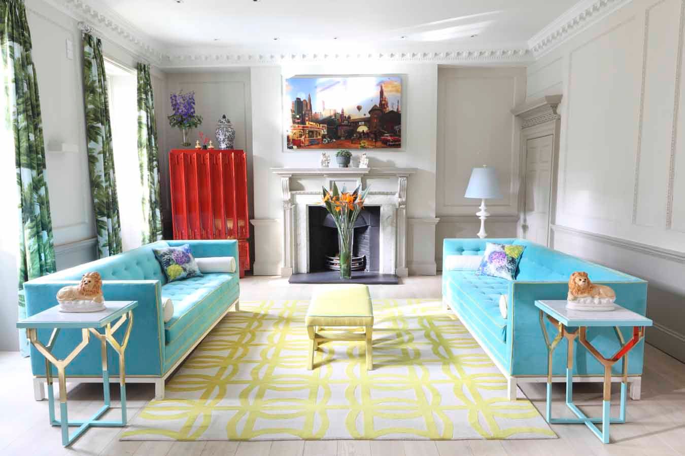 Townhouse drawing room niche pr Living room Copper/Bronze/Brass RebekahCaudwell,London,townhouse,drawing room,colour,turquoise,jonathan adler