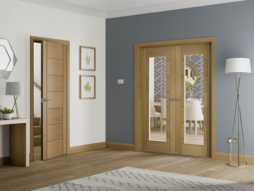 Palermo Oak Internal Door and Glazed Rebated Pair Modern Doors Ltd ドア エンジニアリングウッド 透明 ドア