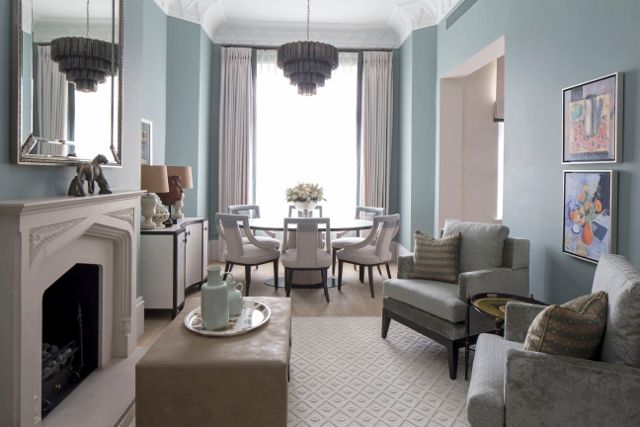 sitting dining room homify Living room Stone sitting,dining,room,classic contemporary,muted,blue,chandelier