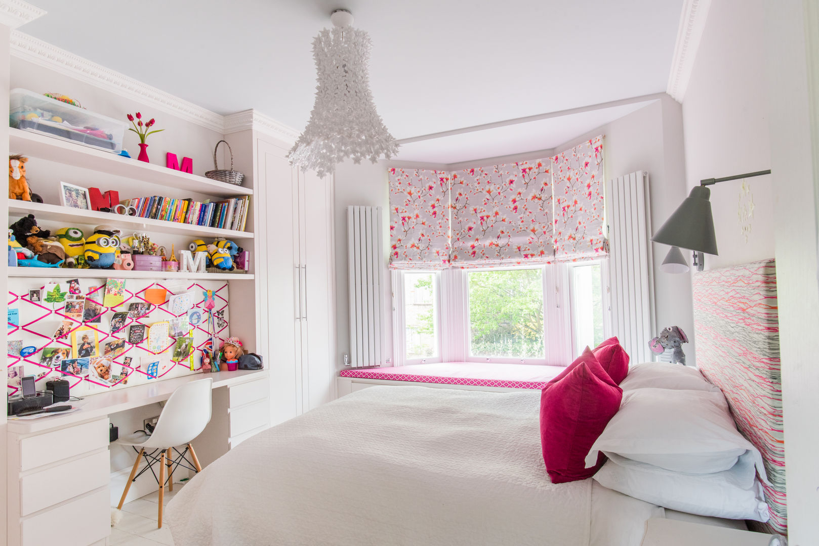 Girls bedroom fleur ward interior design Nursery/kid’s room girsl room,chandelier,ceiling light,blinds,window seat,joinery,Accessories & decoration
