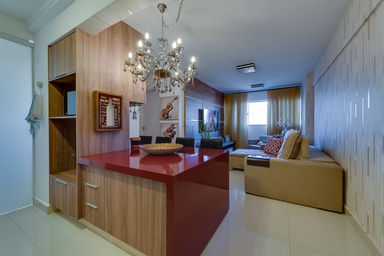 Projeto apartamento de 59m2 com sala e cozinha integrado , 360+ arquitetura e interiores 360+ arquitetura e interiores Modern dining room