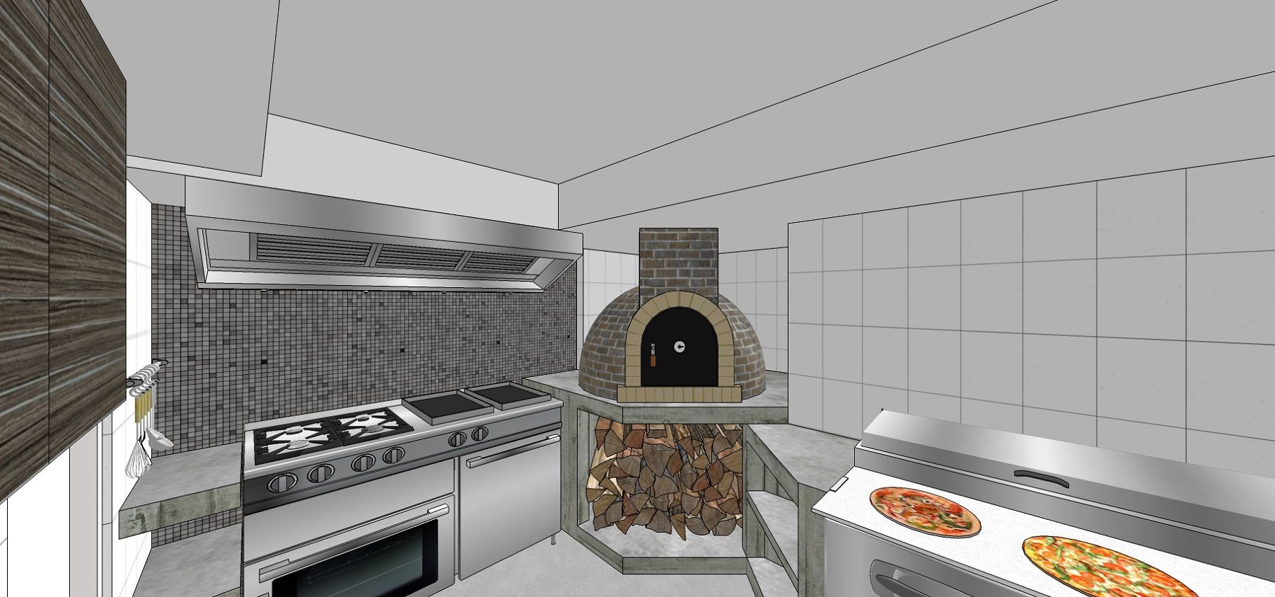 Área de preparación de pizzas y comida. Detalle del horno a la leña MARATEA estudio Espacios comerciales Ladrillos Locales gastronómicos