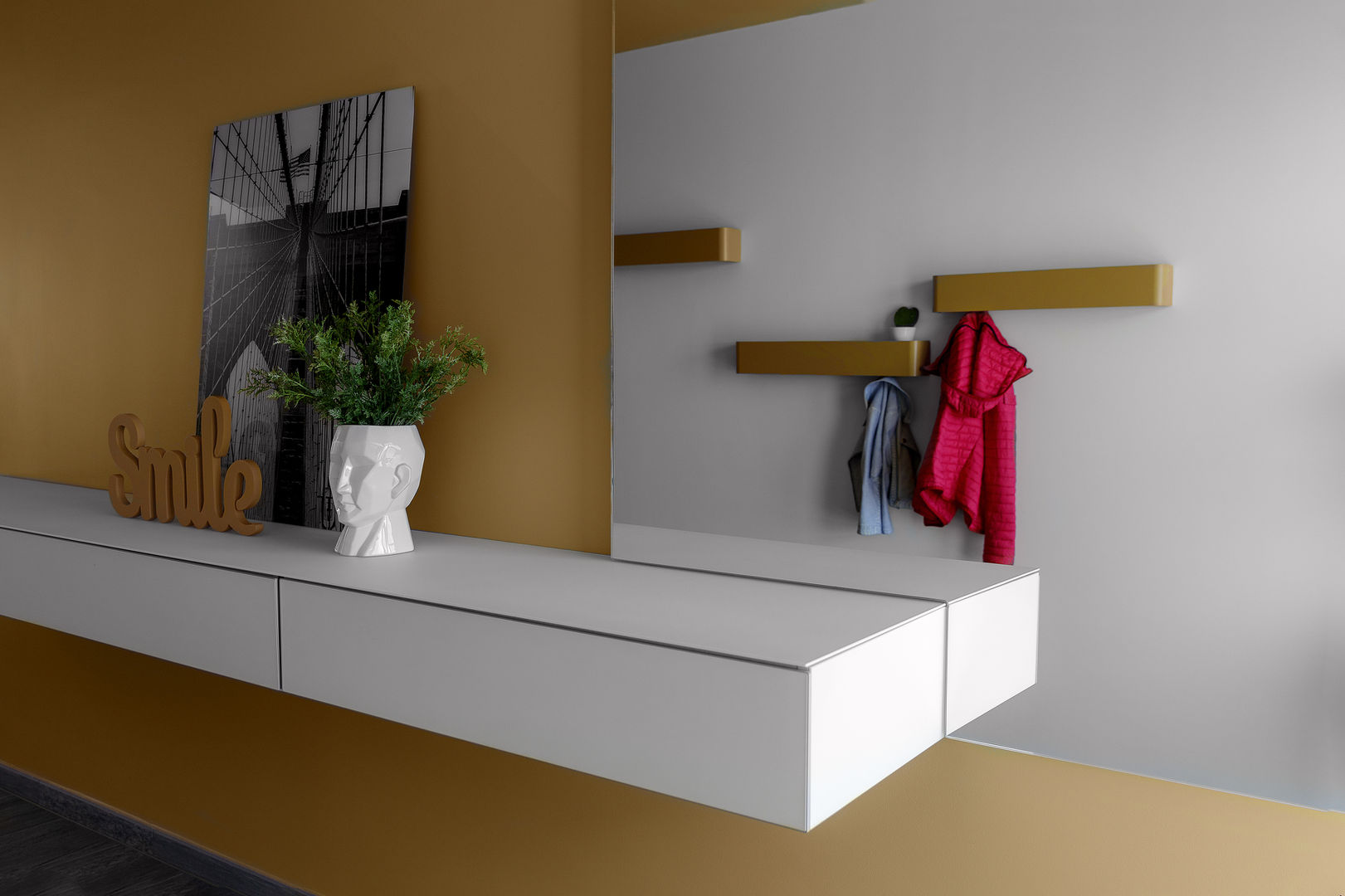 Rigore e colore, MD Creative Lab - Architettura & Design MD Creative Lab - Architettura & Design Ingresso, Corridoio & Scale in stile moderno ganci,hooks,appendiabiti,appendino,hangers,coat,giacche,attaccapanni,ingresso,shelf,mensola,ripiano