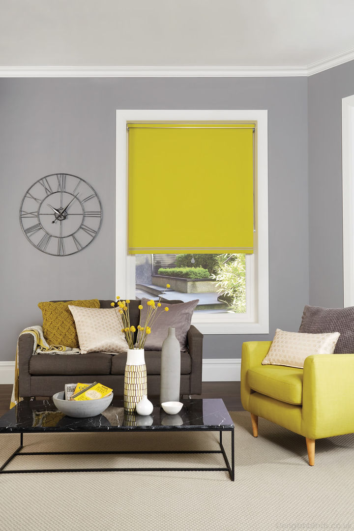 Vibrant Yellow Blackout Roller Blinds English Blinds Moderne woonkamers Textiel Amber / Goud Accessoires & decoratie
