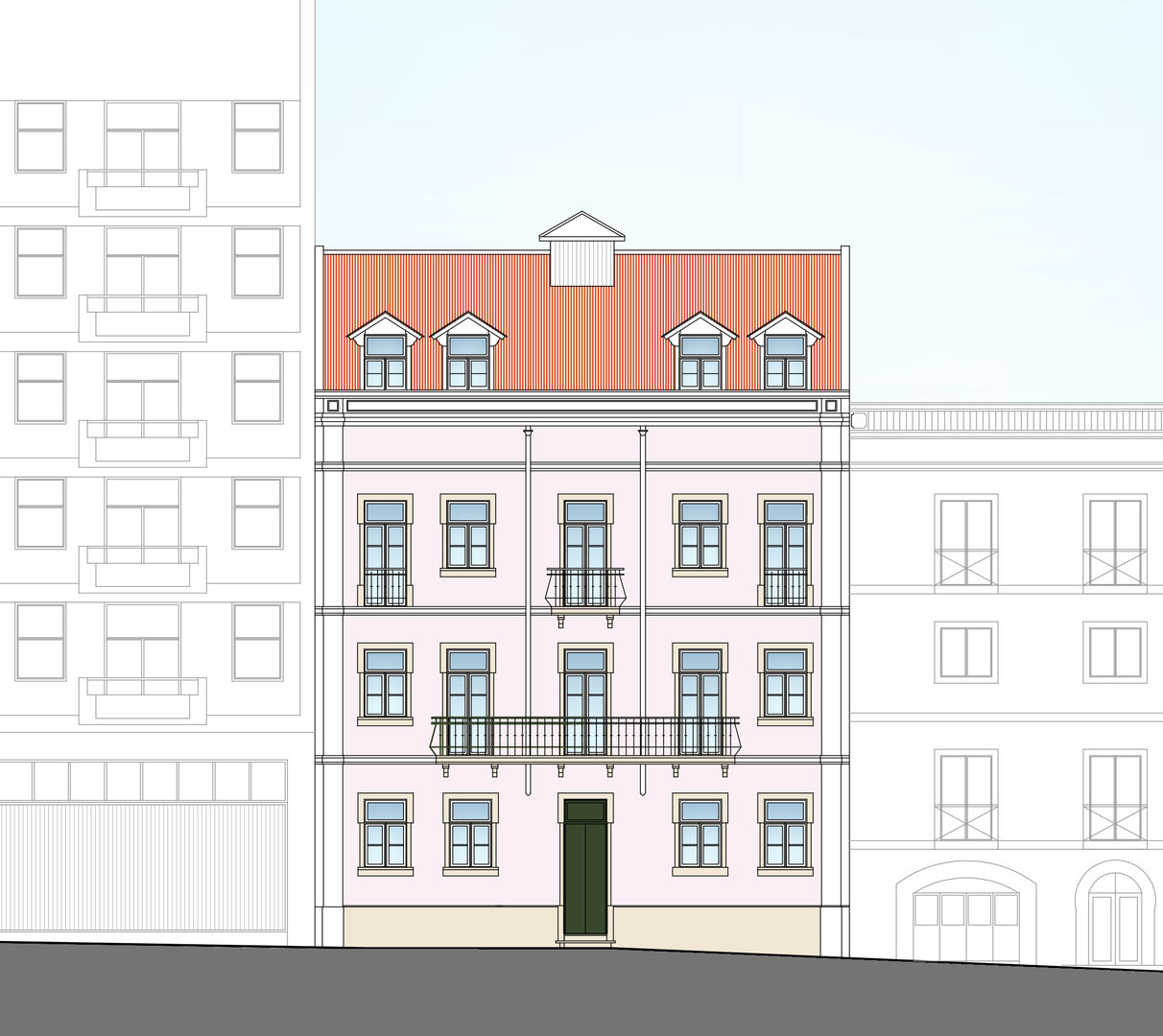 Desenho do Alçado do Prédio MB Arquitetos Casas clássicas fachada lisboeta,baixa pombalina