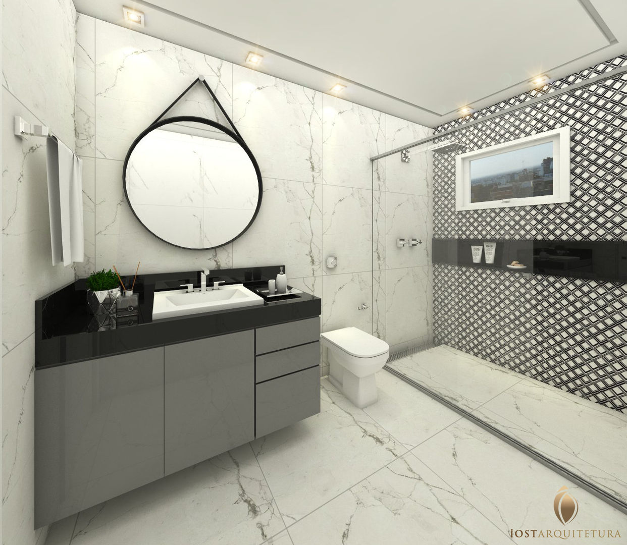 Banheiro masculino para apartamento de jovem estudante, iost Arquitetura e Interiores iost Arquitetura e Interiores Baños modernos Piedra