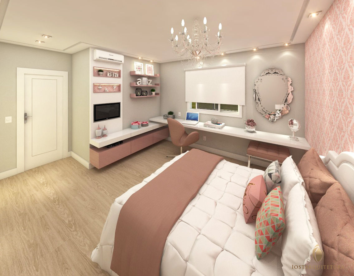 Projeto - Dormitório de Princesa Adolescente em tons de Rosa, iost Arquitetura e Interiores iost Arquitetura e Interiores غرف نوم صغيرة MDF