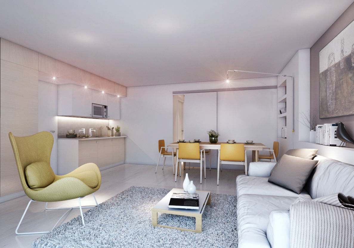 Segunda residencia, Cambrils -39 m²-, Tarragona. Sala de estar - Comedor - Cocina. GokoStudio Comedores de estilo moderno