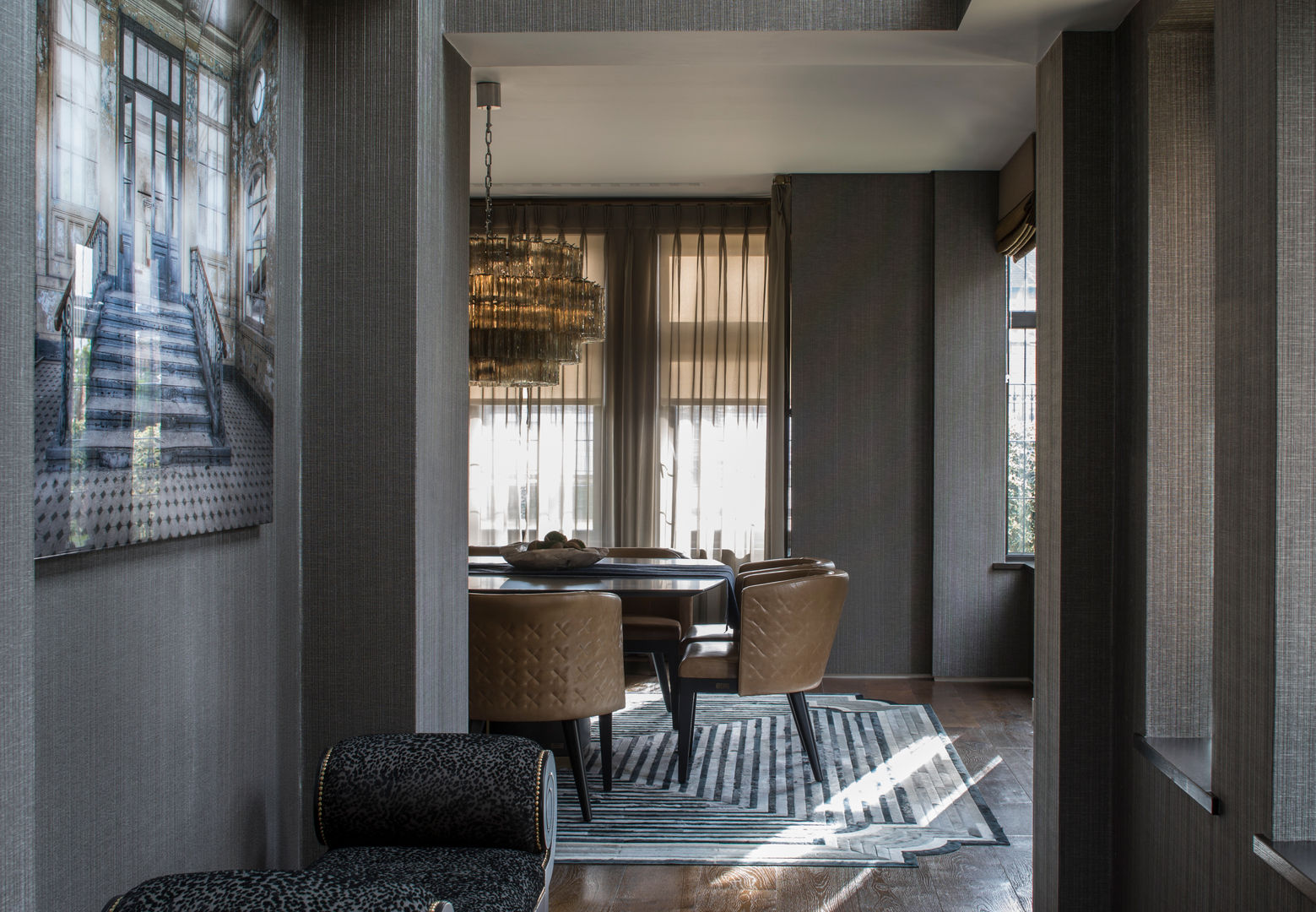 Broad Walk Hallway Roselind Wilson Design Modern corridor, hallway & stairs interior design,luxury,sheer curtains,chandelier,dining chairs,bench,kyle bunting rug,textured walls