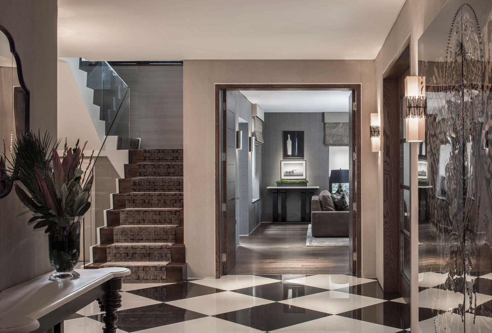 Broad Walk Hallway Roselind Wilson Design Modern corridor, hallway & stairs interior design,luxury,textured walls,monochrome floor,black and white tile,grand entrance,staircase