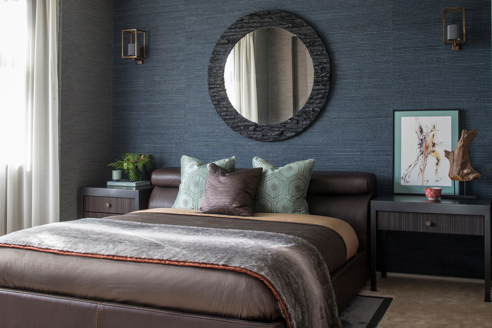 Broad Walk Guest Bedroom Roselind Wilson Design غرفة نوم interior design,luxury,textured walls,round wall mirror,grey and blue,wall lights,navy and amber,contemporary bedroom