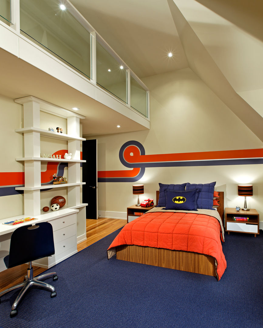 Boys Bedroom Douglas Design Studio Modern style bedroom boy,boysroom,bedroom,hockey,loft,millwork,kids,kidsroom,study,desk