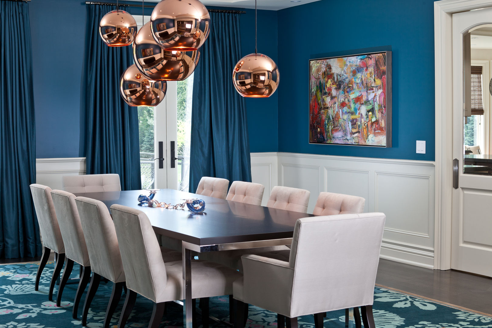 Blue & Rose Gold Dining Room Douglas Design Studio Modern dining room