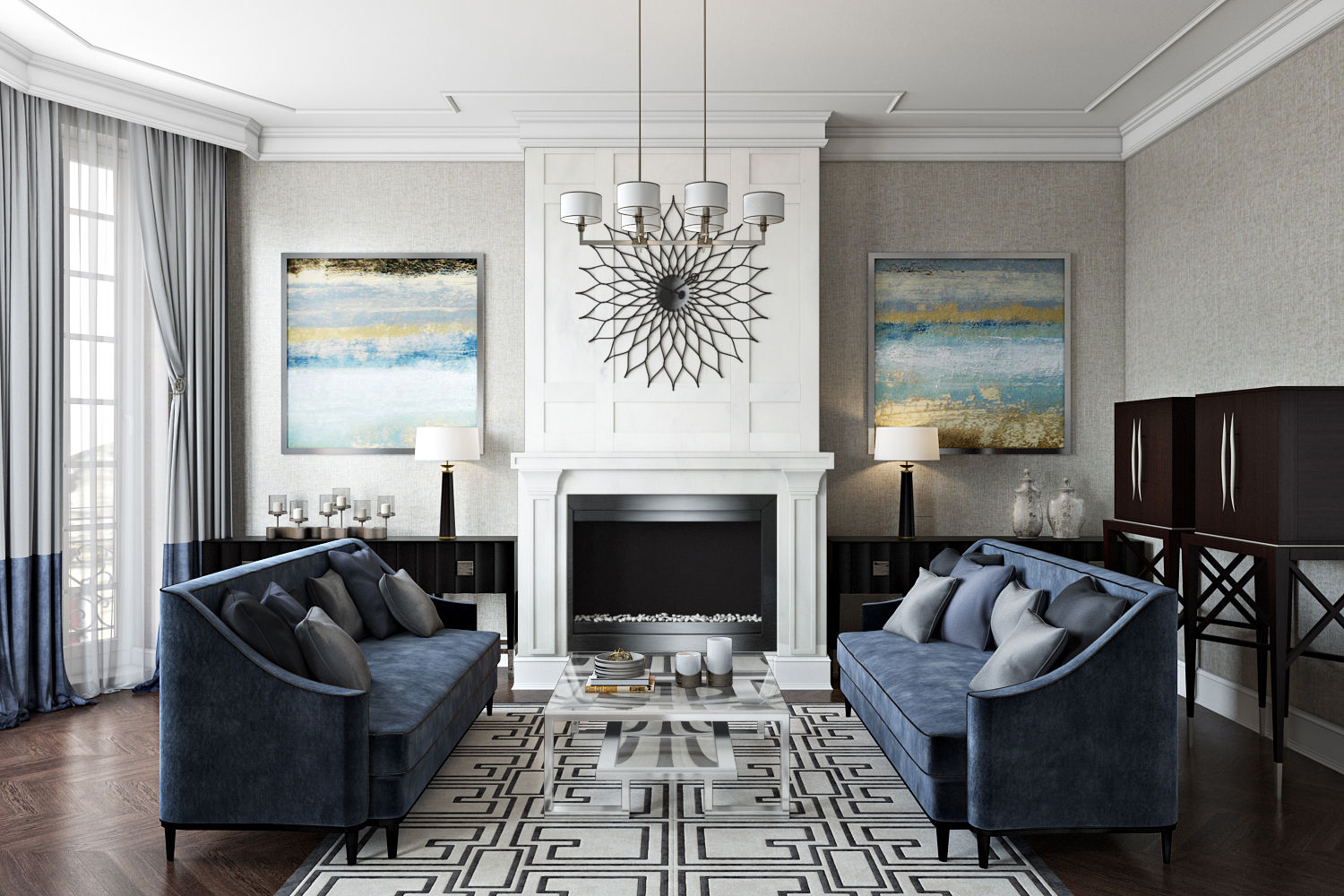 Living Room Hampstead Design Hub Nowoczesny salon sofa,cosy sofa,wall painting,wood panel wall,wall colours,wall art,rug,coffee table,scatter cushions,art,fireplace