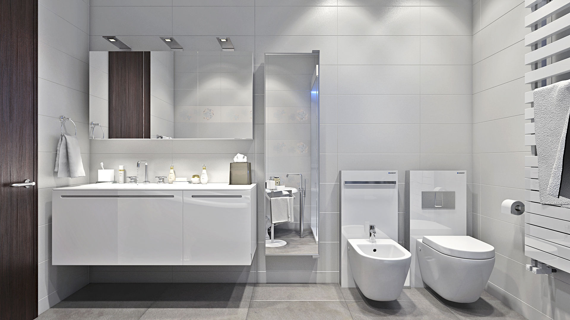 Bathroom Hampstead Design Hub Ванна кімната walk-in shower,bathroom mirror,bathroom lighting,basin,wall unit,double sink