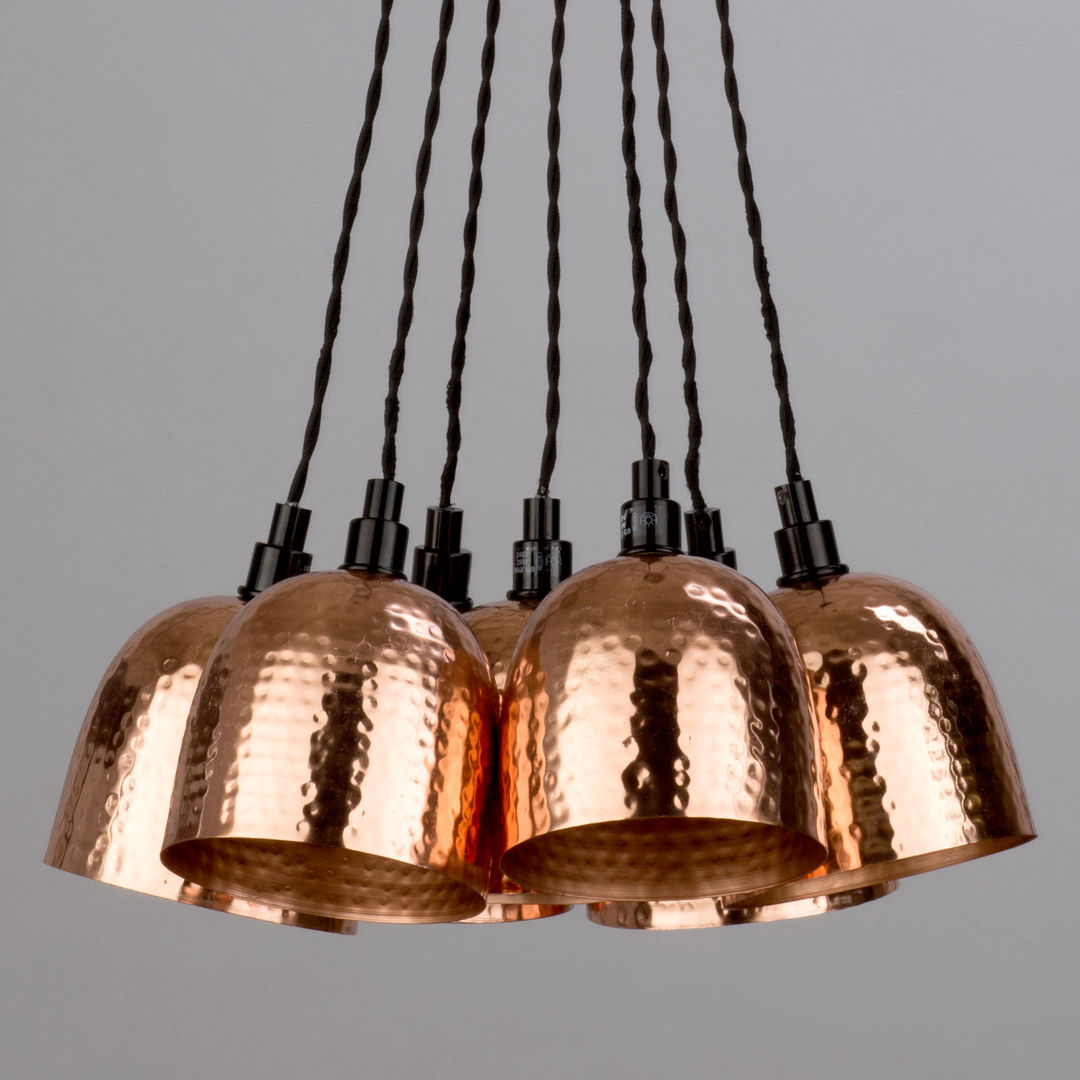 7 Light Cluster Ceiling Pendant with Hammered Shades Copper Litecraft Salon moderne Cuivre / Bronze / Laiton Eclairage