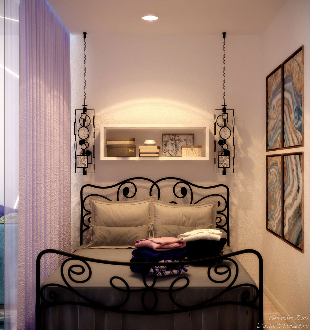 Дизайн спальни в стиле постмодернизм в квартире по ул. Благоева, г.Краснодар, Студия интерьерного дизайна happy.design Студия интерьерного дизайна happy.design Minimalist bedroom