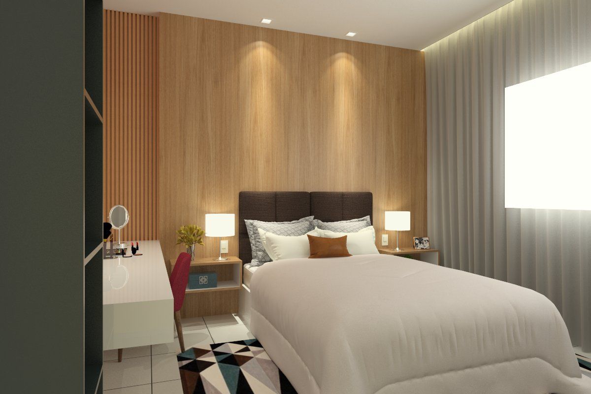 Quarto de uma empreendedora , Bruna Rodrigues Designer de Interiores Bruna Rodrigues Designer de Interiores Modern style bedroom Wood Wood effect
