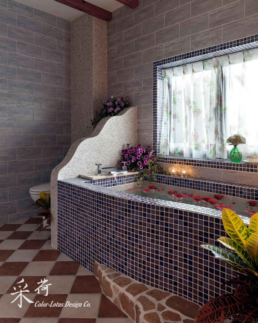 西班牙鄉村風格-透天別墅, Color-Lotus Design Color-Lotus Design Kırsal Banyo Mozaik