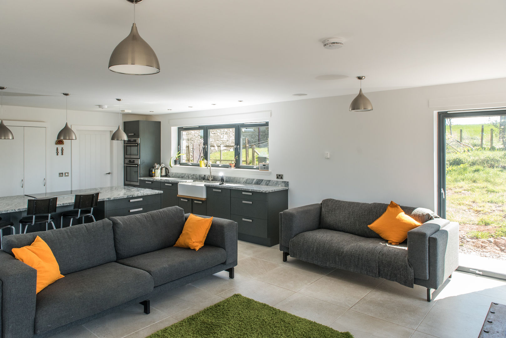 Open plan living kitchen Woodside Parker Kirk Architects Modern Living Room Grey Sofas & armchairs