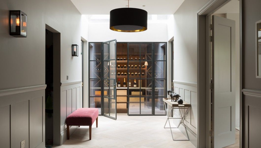 Hallway Fraher and Findlay Classic walls & floors hallway,light well,crittall doors,glass doors,wood panelling,wall panels,grey,pastel,modern,contemporary,traditional,parquet