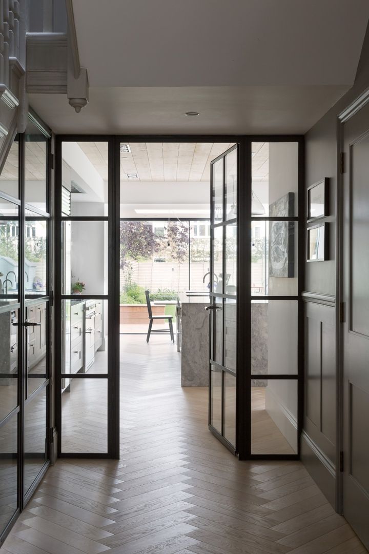 Hallway Fraher and Findlay Modern corridor, hallway & stairs crittall,windows,doors,open plan,wood panels,wood walls,parquet,living area,garden view,glass doors,crittall door,parquet flooring