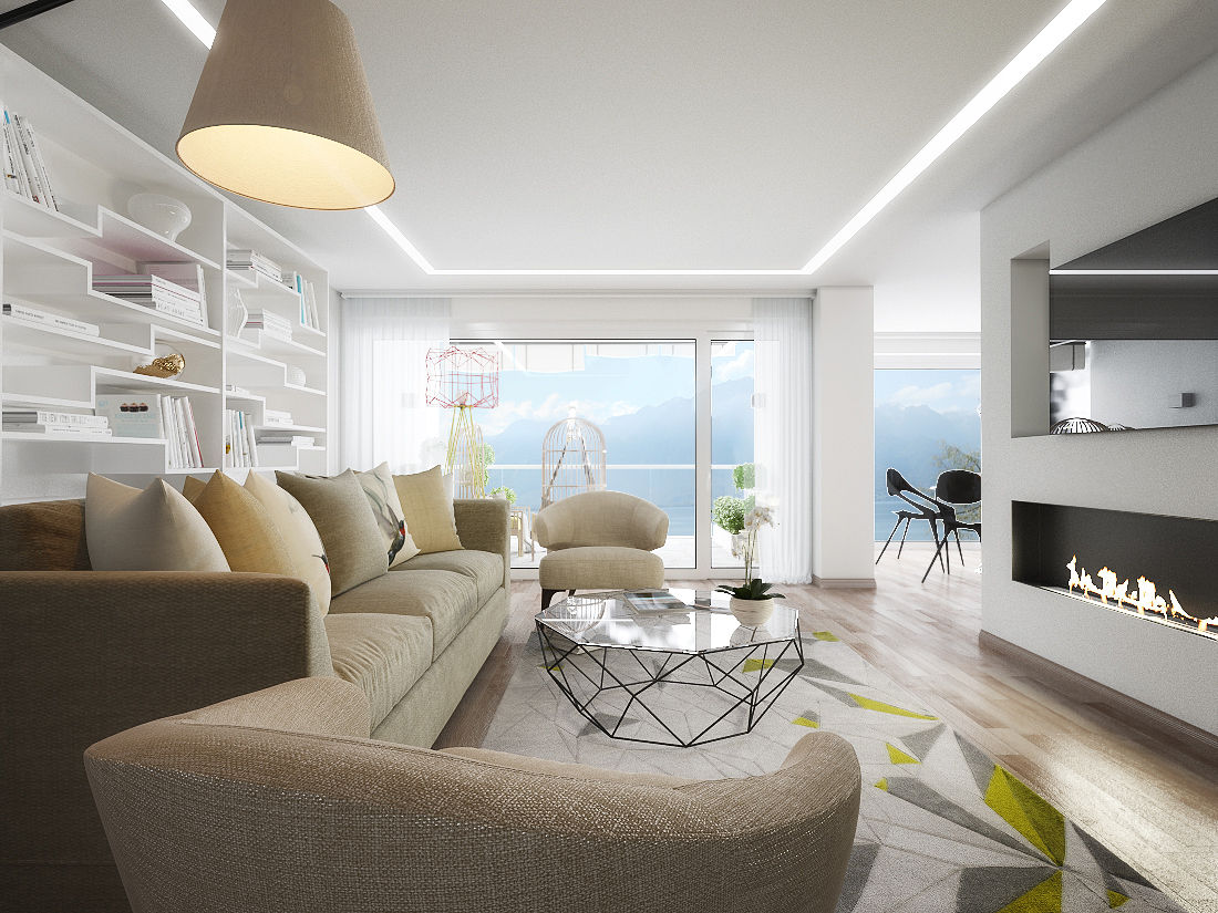 Un appartamento di 120 mq con una magnifica vista sul lago di Montreux, SDesign SDesign ห้องนั่งเล่น