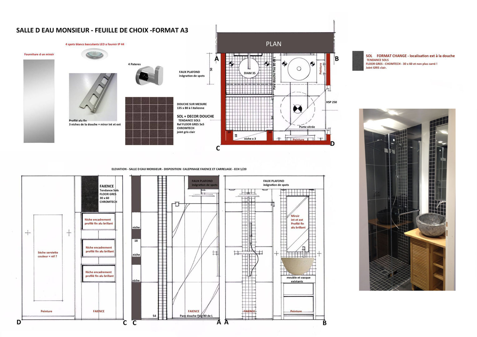 PLAN - ELEVATION SALLE D EAU M. - RENDU à la MAINS - ARCHITECTURE ET DECORATION INTERIEURE - PERROIN S Stephanie Perroin Salle de bain originale Décorations