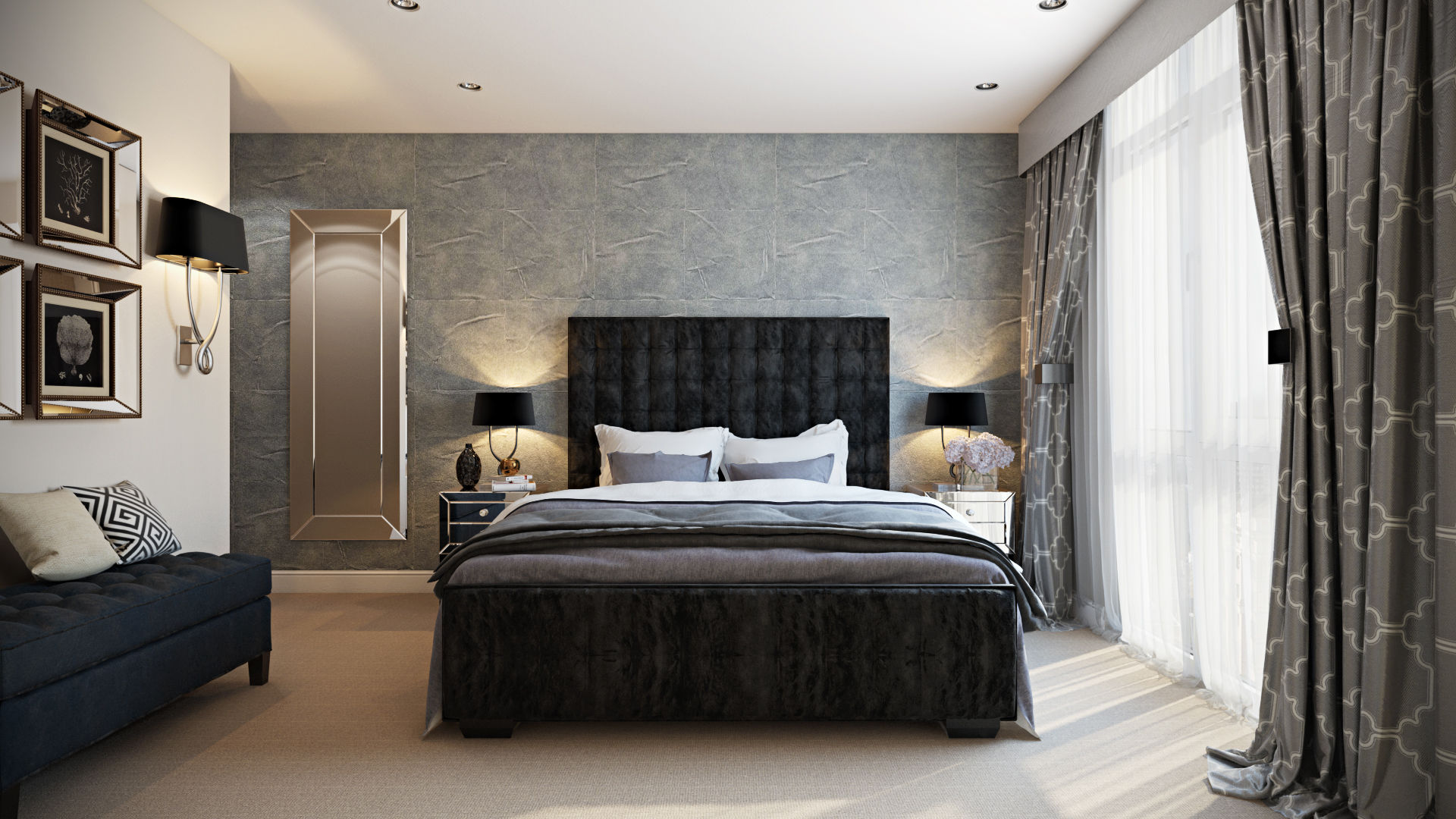 Bedroom Hampstead Design Hub 모던스타일 침실 bed,mirror,bedside table,headboard,curtans