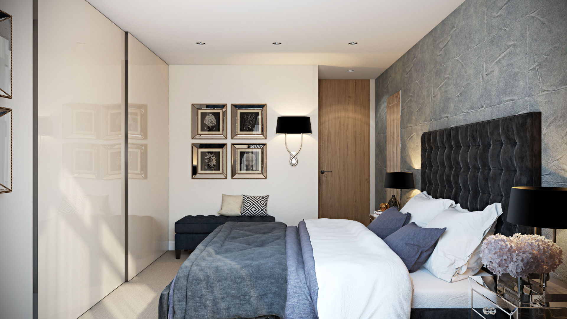 Bedroom Hampstead Design Hub Cuartos de estilo moderno wall colours,wall art,bed,built-in storage,wardrobe,wall lighting