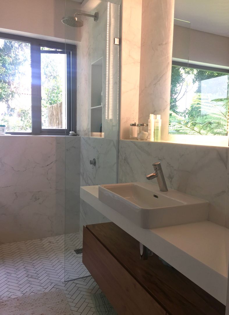 Bathroom - After: modern by Turquoise , Modern bathroom lighting,marble walls,marble floors,herringbone marble