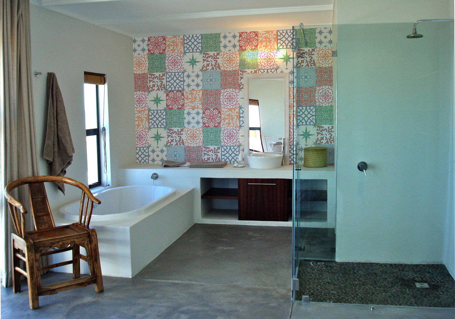 Open plan Turquoise Modern bathroom wallpaper,open plan,beach house,pebble stones