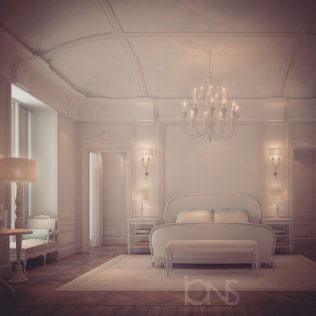 Patrician Classique Bedroom Design, IONS DESIGN IONS DESIGN ミニマルスタイルの 寝室 木 木目調 interior design,home design,home interior,Dubai,best interior design,interior decoration,white bedroom design,wooden floor,classic chandelier,villa design,palace design,Qatar