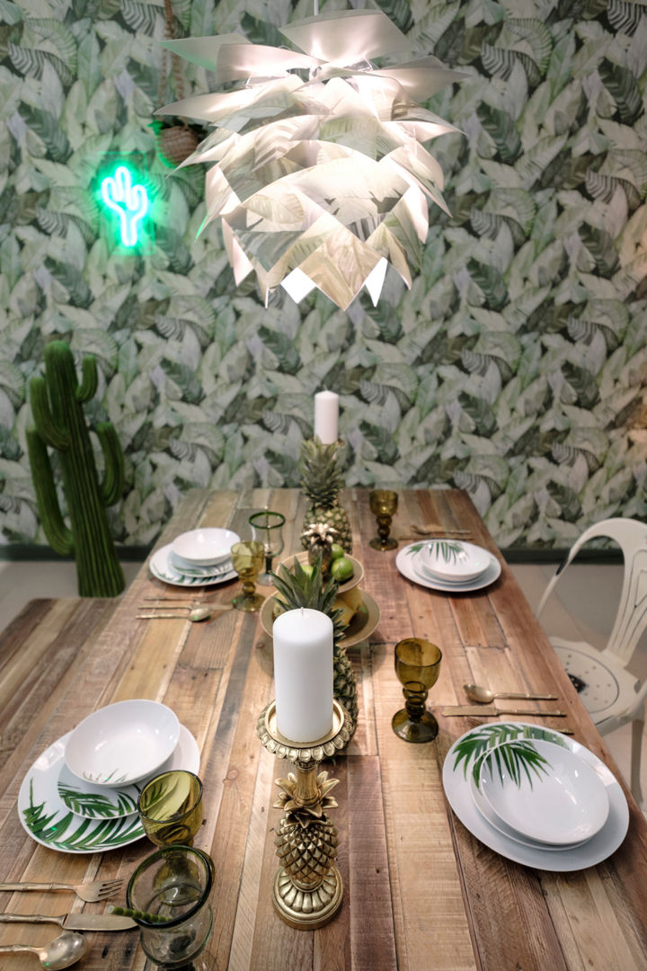 Rustic Tropical Dining Room Little Mill House غرفة السفرة table decoration,dining table,reclaimed wood,industrial,metal,dining chairs,neon light,cactus,palm trees,pineapples,recycled,furniture