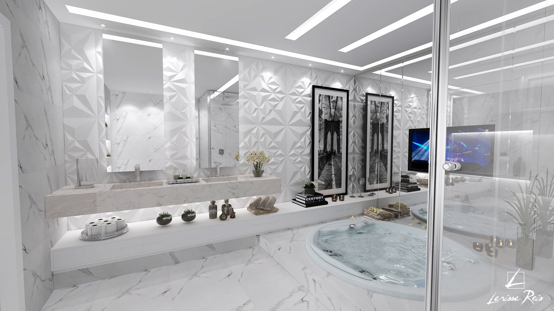 SALA DE BANHO MODERNA, Larissa Reis Arquitetura Larissa Reis Arquitetura Modern Bathroom Marble Bathtubs & showers