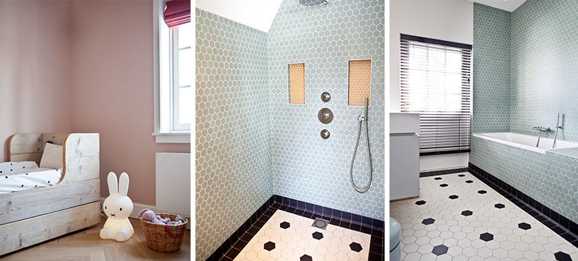 Moderne kamer en suite, Binnenvorm Binnenvorm Phòng tắm phong cách hiện đại Gạch ốp lát