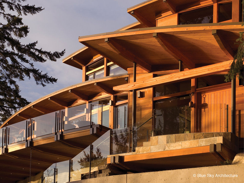 Exterior View Helliwell + Smith • Blue Sky Architecture Modern houses Building,Window,Sky,Wood,Shade,Tree,Cottage,Siding,Slope,Beam