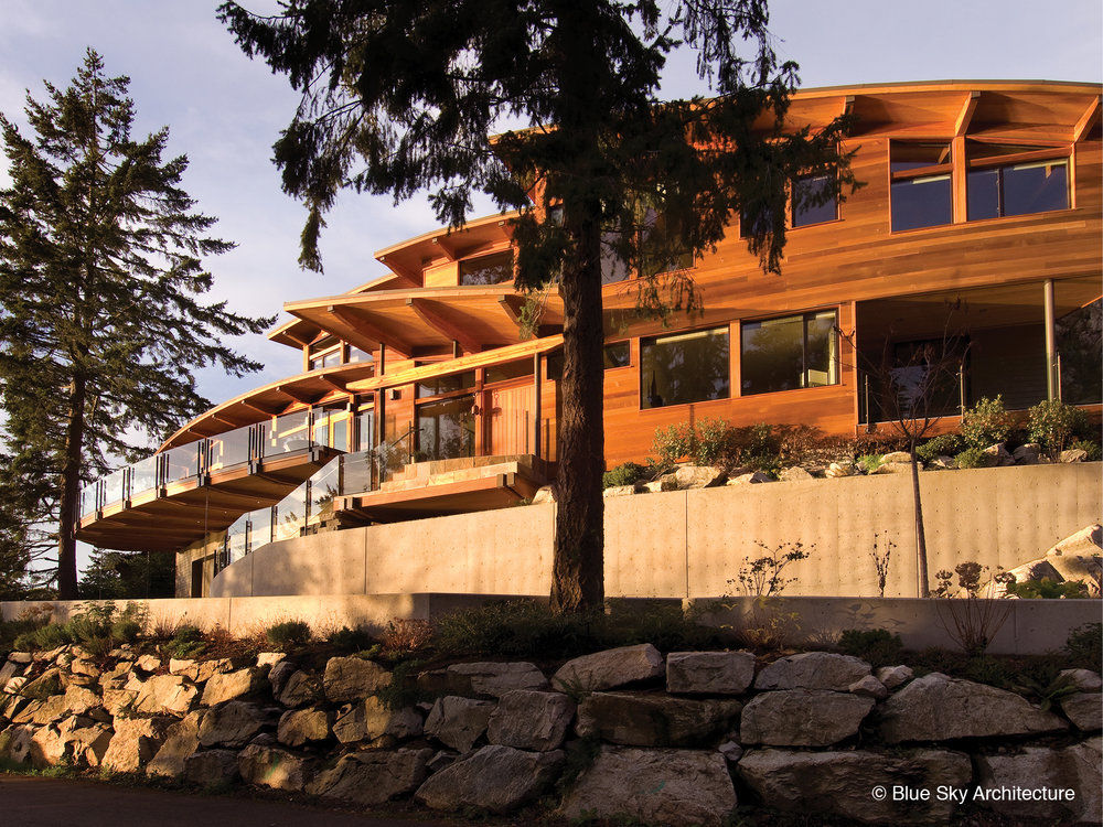 Exterior View Helliwell + Smith • Blue Sky Architecture Modern houses Plant,Building,Sky,Window,Tree,Wood,Cottage,House,Shade,Wall