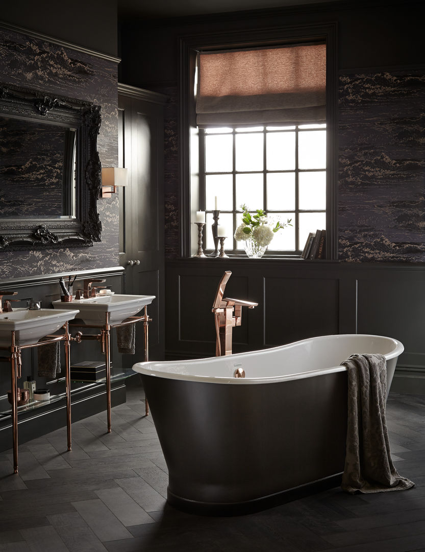 Madeira cast iron bath with Hemsby floorstanding bath filler in rose gold Heritage Bathrooms حمام rose gold,washstand,madeira