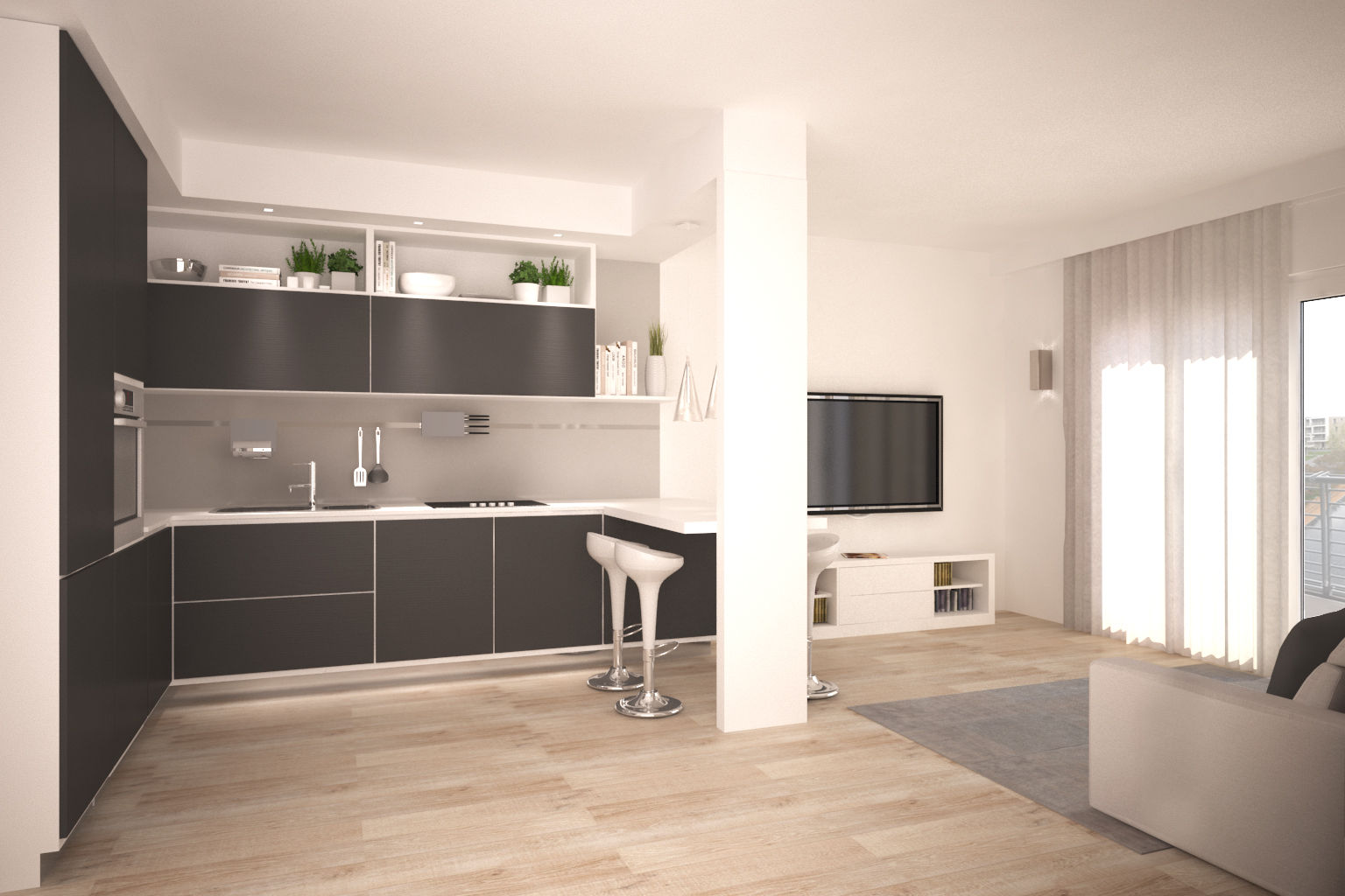 render zona giorno Silvana Barbato Cucina moderna render,zonagiorno,cucina,cucinanera,cucinagrigia,arredamento,design,interni,parquet,illuminazione cucina