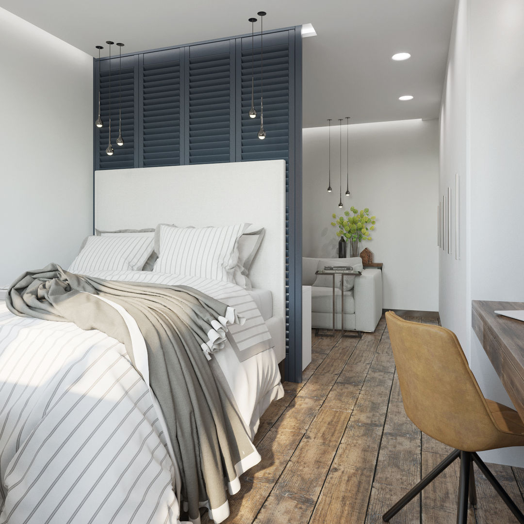 Флер ДОМ СОЛНЦА Спальня в стиле минимализм двуспальная кровать,деревянный пол,комнатная перегородка,светодиодное освещение