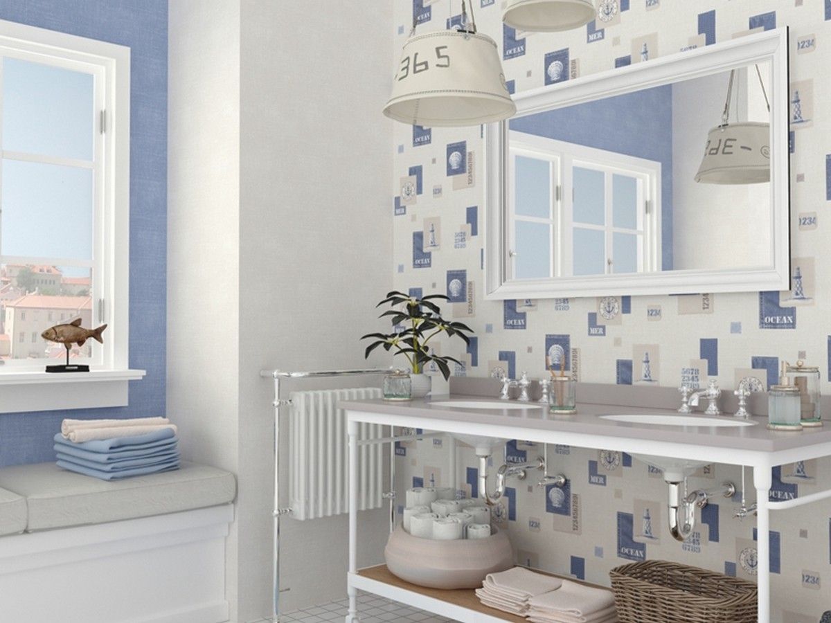 Papel pintado motivos marineros y conchas para baños Papel pintado para paredes Gaulan Paredes y suelos de estilo ecléctico papel pintado,papeles pintados,baño,baños,azul,marinero,concha,Decoración de paredes