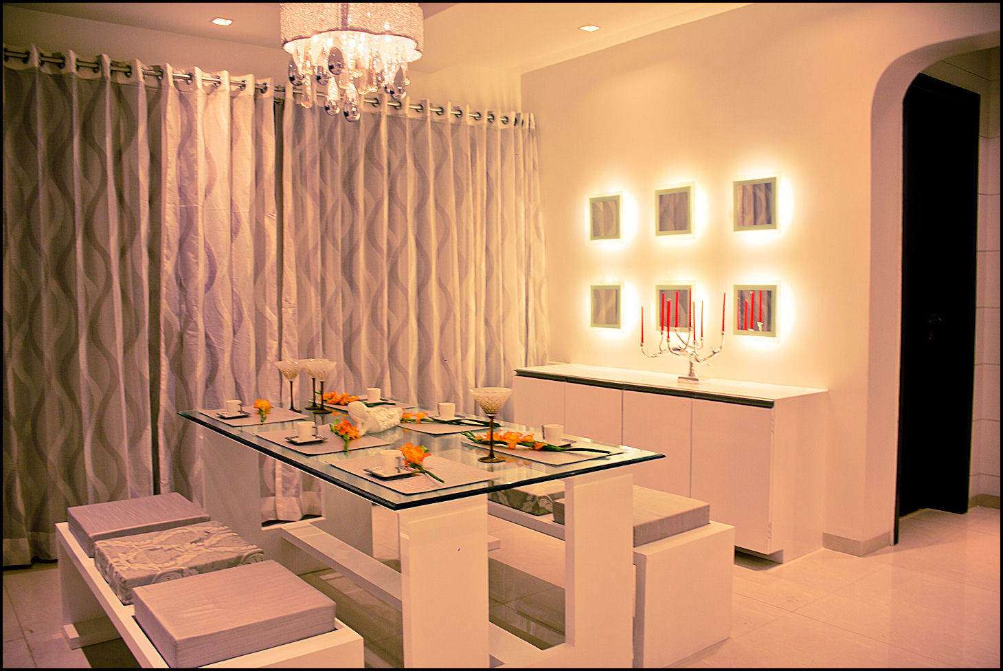 La tierra,Pune, H interior Design H interior Design Modern dining room Property,Building,Table,Wood,Orange,Lighting,Interior design,Architecture,Curtain,House
