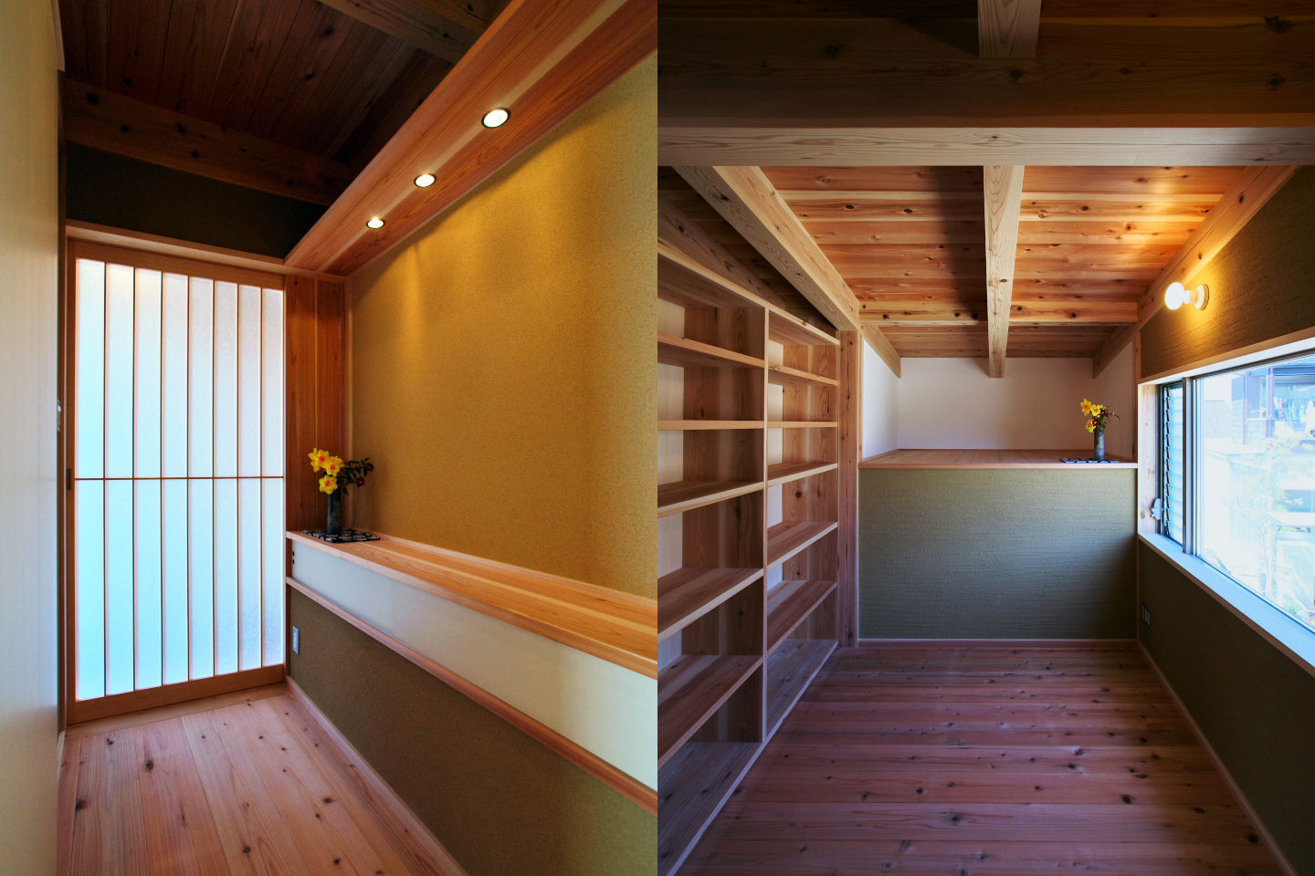 舞多聞の家 SKIP FLOOR HOUSE HYOGO，JAPAN, 水野建築研究所 水野建築研究所 Eclectic style corridor, hallway & stairs Solid Wood Multicolored