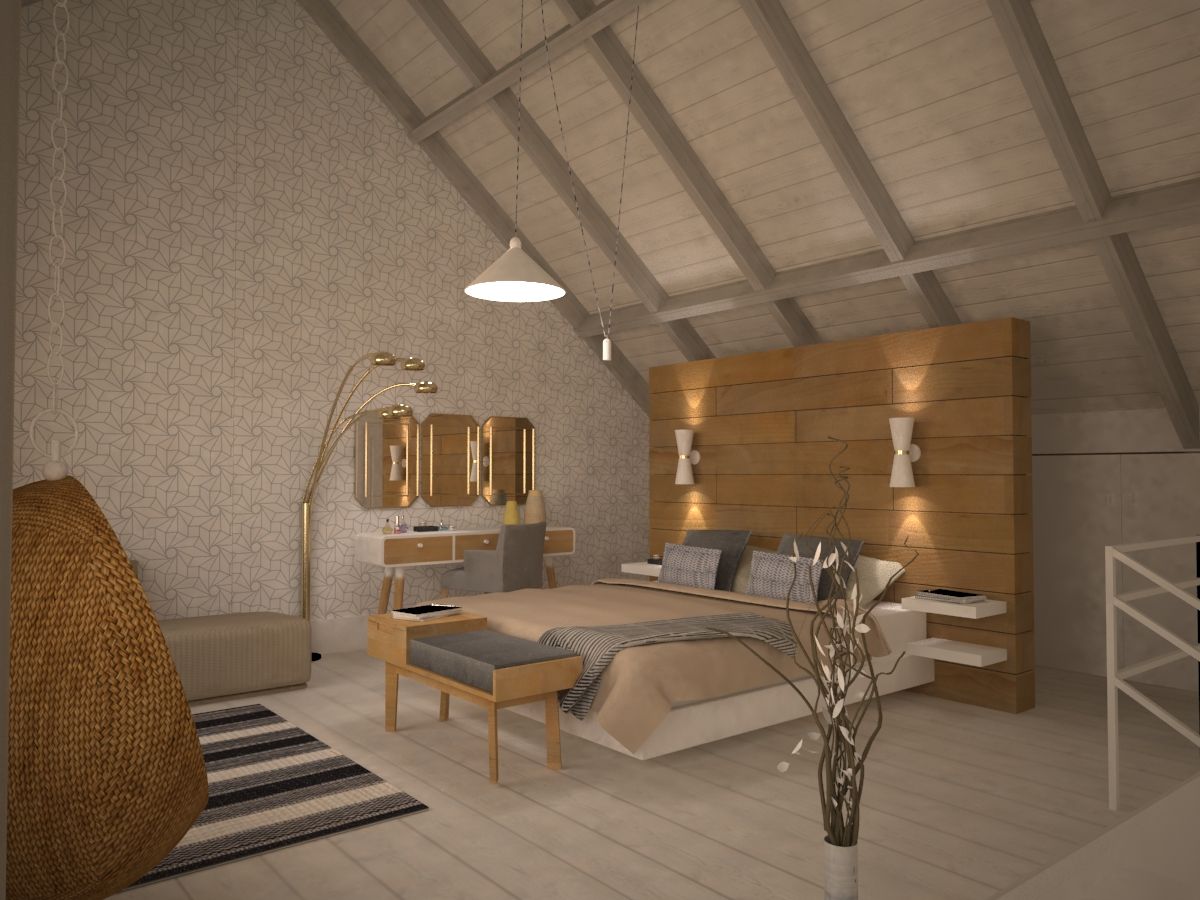 Vanity with golden mirrors and lamp homify Scandinavian style bedroom Wood Wood effect