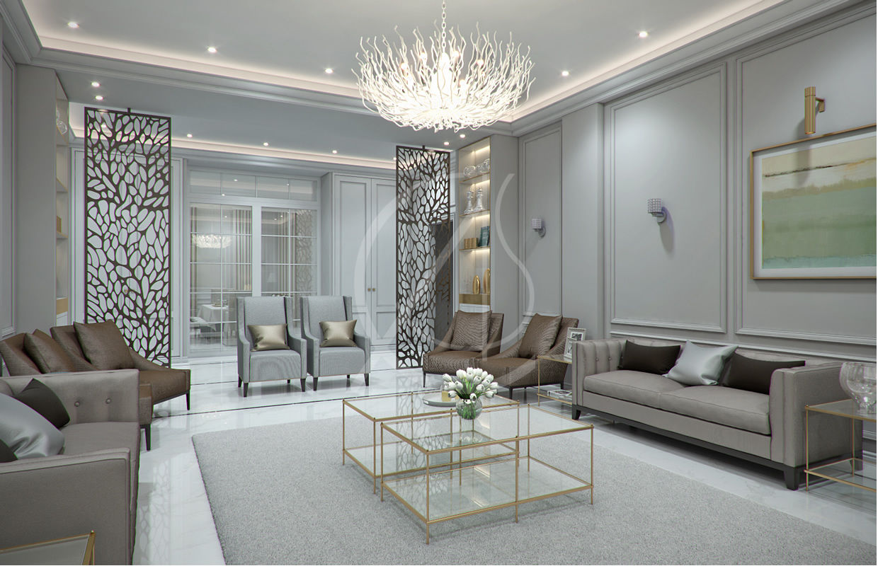 Majlis homify Livings de estilo moderno grey,white,gold,modern classic,majlis interior,paneled walls,lounge room,contemporary,metal screen,laser cut,partition,luxury villa